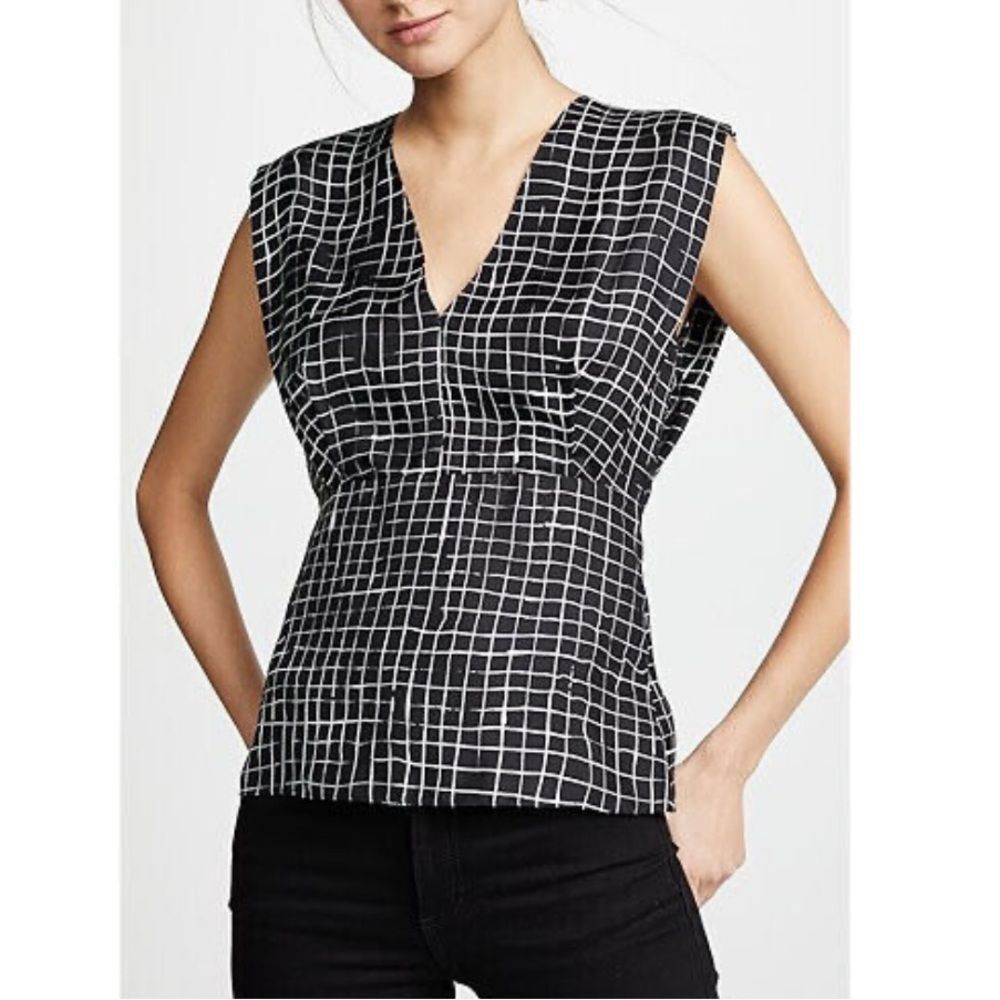 Theory Kimono Pleat Grid Print Silk Blouse